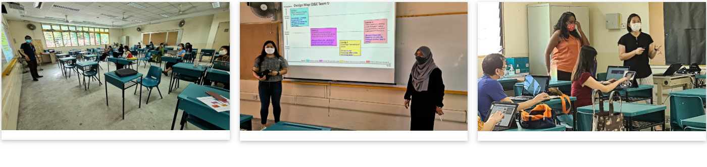 Three classroom scenes with masked students and teachers, including a presentation on a projector screen.
